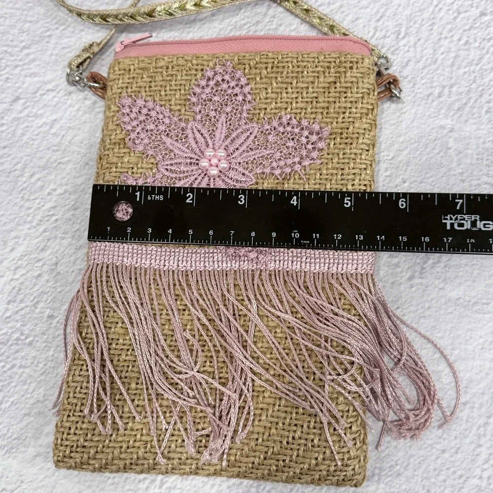 Boho Jute Straw Crossbody Bag‎ Small Pink Crochet Flower Fringe Purse